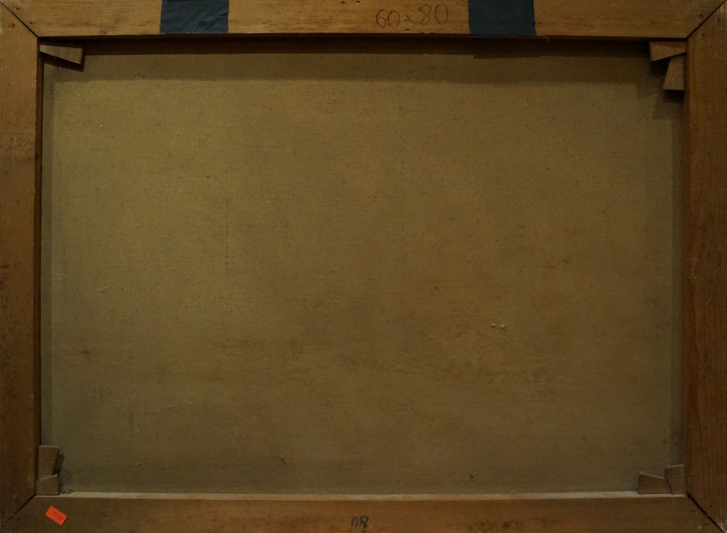 Back of Oil painting Pasture canvas with beige textured surface and blue tape