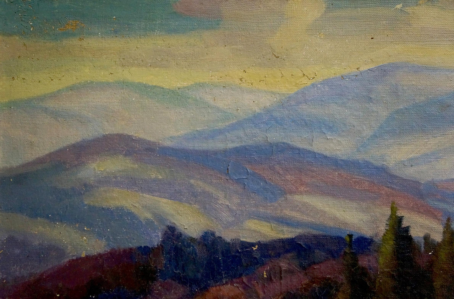 Oil painting of layered mountains in blues and purples by Joseph Mikhailovich Babynets