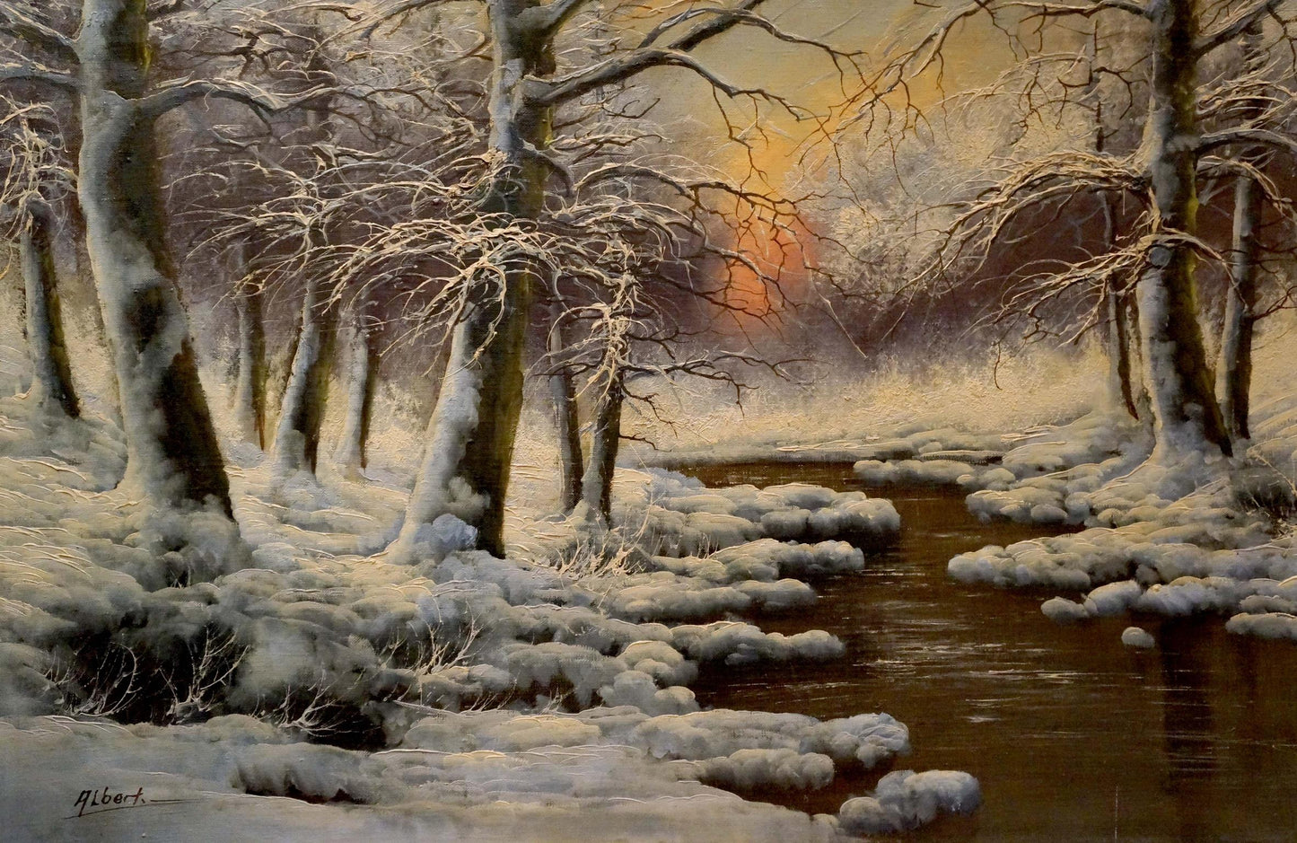 Oil painting Mysterious winter forest Albert: serene snow trees frozen stream sunset