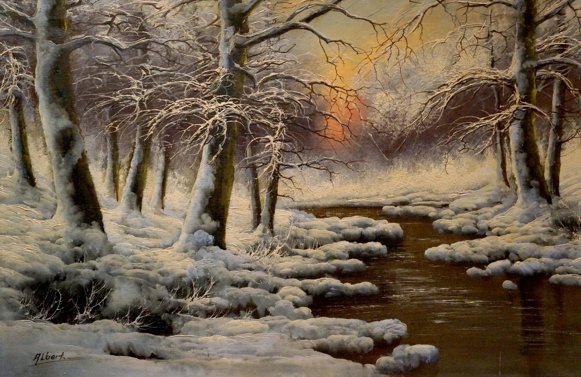 Oil painting Mysterious winter forest Albert: serene snow trees frozen stream sunset
