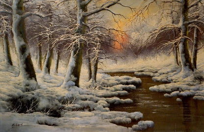 Oil painting Mysterious winter forest Albert: serene snow trees frozen stream sunset