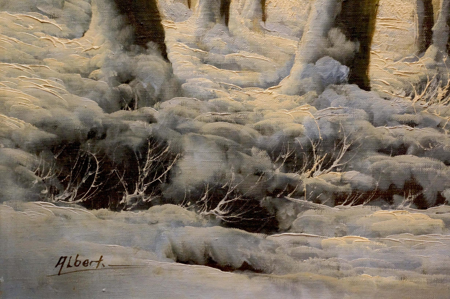 Oil painting Mysterious winter forest Albert: snowy forest textured impressionistic view