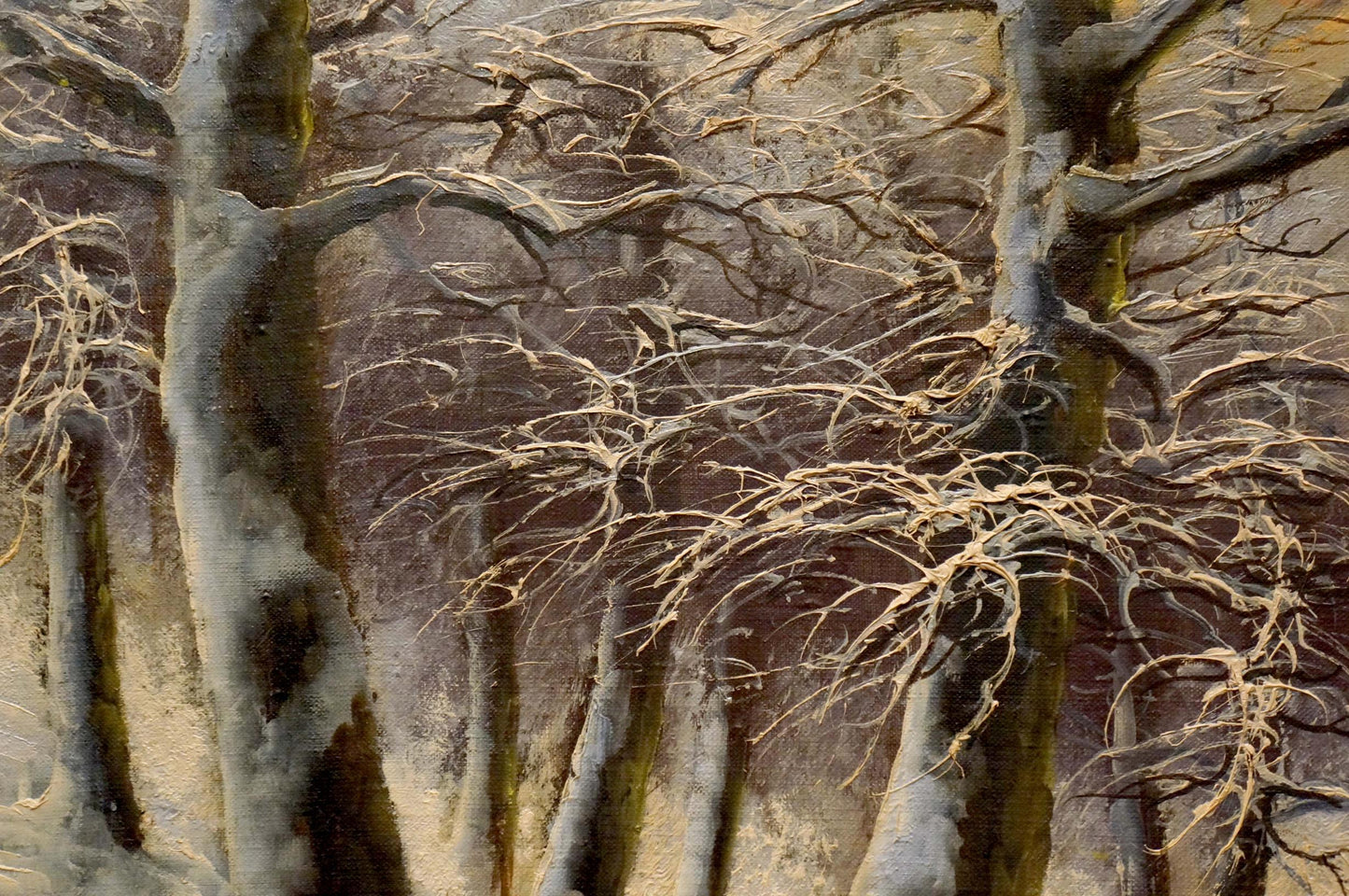Oil painting of mysterious winter forest with gnarled bare tree trunks