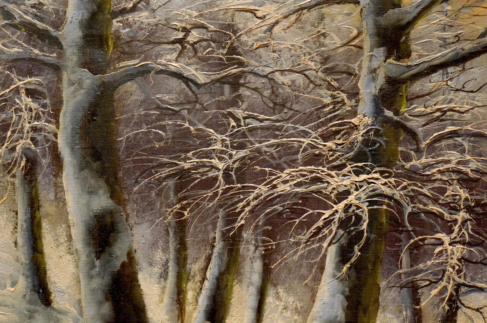 Oil painting of mysterious winter forest with gnarled bare tree trunks
