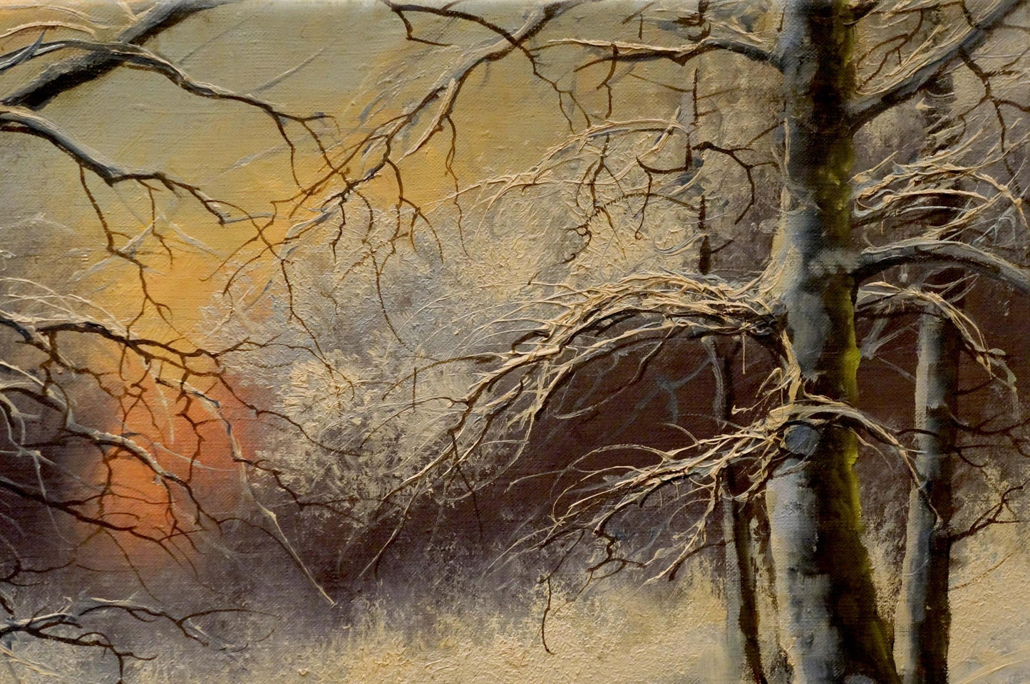 Oil painting Mysterious winter forest Albert: gnarled bare branches on warm sky