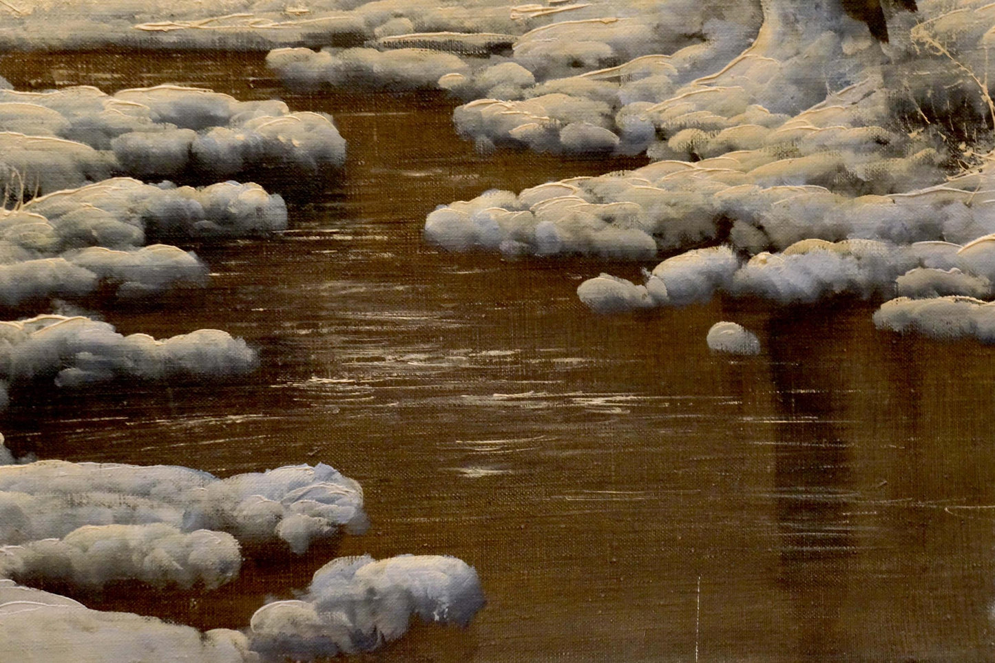 Oil painting of mysterious winter forest by Albert: textured brown river amid snowbanks