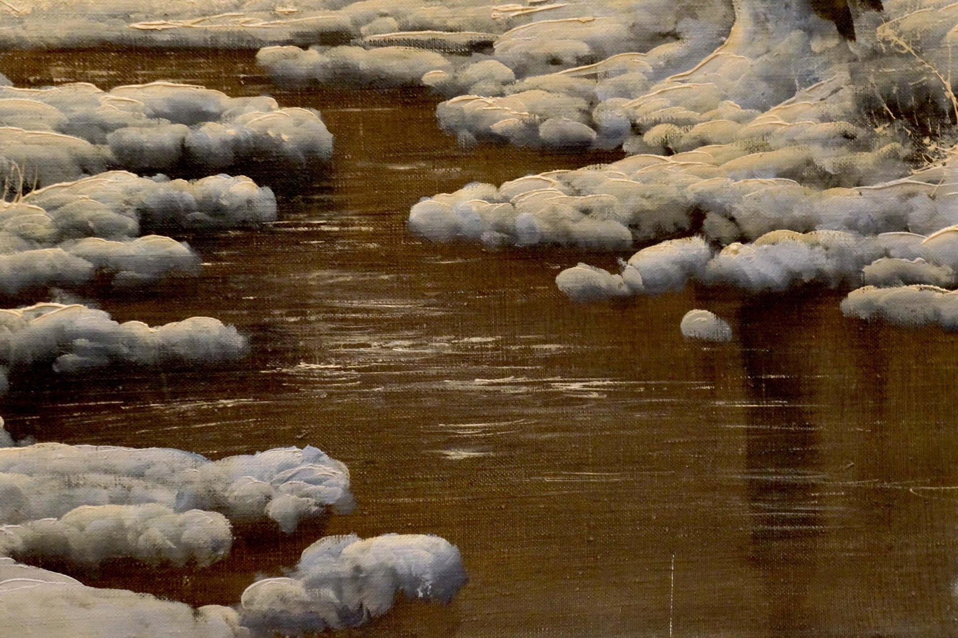 Oil painting of mysterious winter forest by Albert: textured brown river amid snowbanks