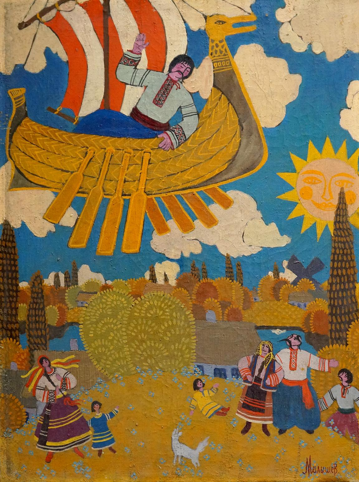 Vibrant Ukrainian folk art by Malyshev Gennady: man on golden dragon boat in sky