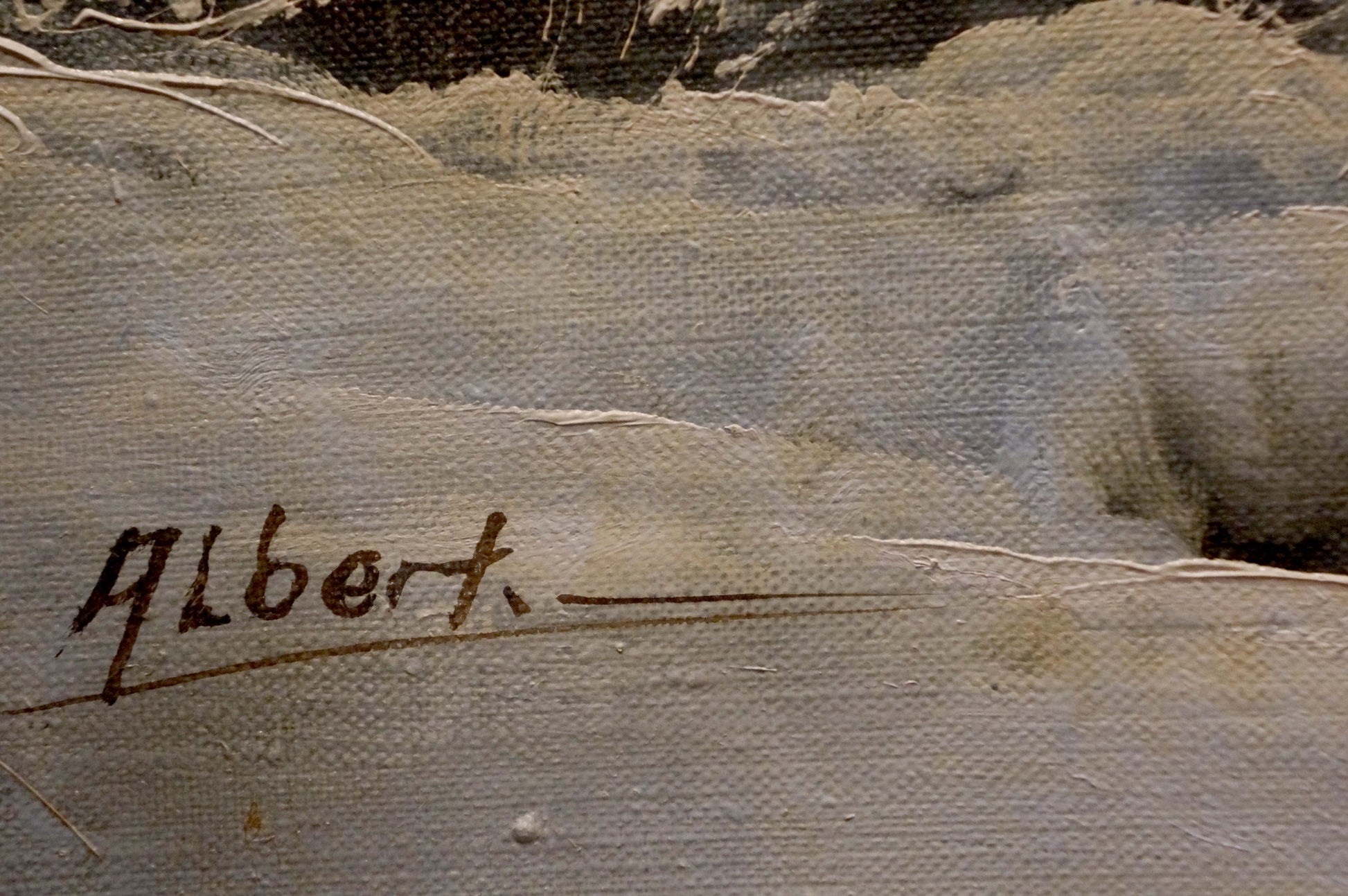 Albert brown ink signature on back of Mysterious Winter Forest oil painting canvas