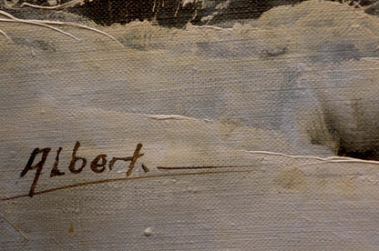 Albert brown ink signature on back of Mysterious Winter Forest oil painting canvas