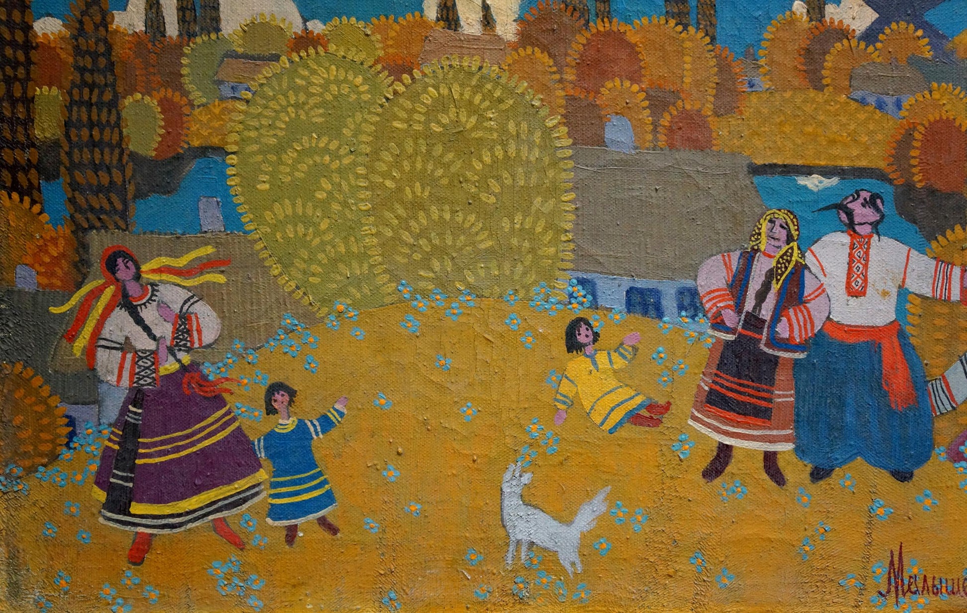 Vibrant abstract oil painting of Ukrainian folk life by Malyshev Gennady Iosifovich