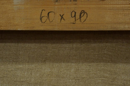 Back of Mysterious Winter Forest Albert oil painting frame with handwritten 60 x 90 in black ink on light brown wood