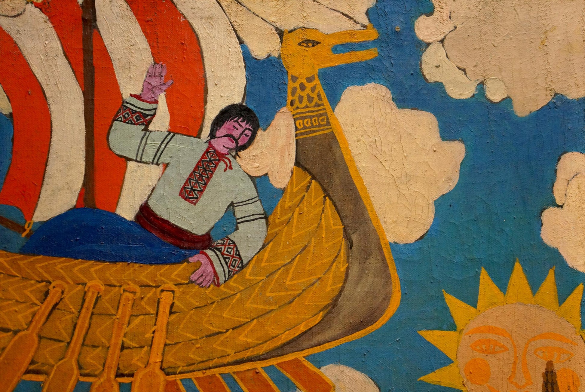 Abstract oil painting by Malyshev Gennady Iosifovich: man on dragon boat mural