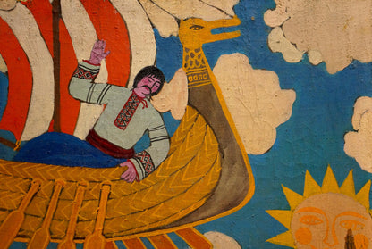 Abstract oil painting by Malyshev Gennady Iosifovich: man on dragon boat mural