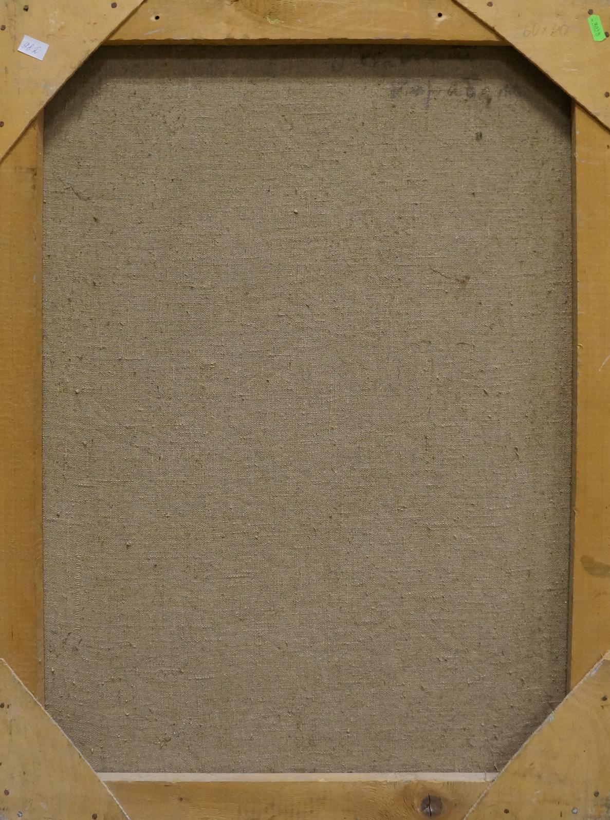 Back of framed Abstract oil painting Ukrainian life by Malyshev Gennady Iosifovich, beige textured canvas on light wood frame