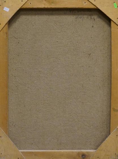 Back of framed Abstract oil painting Ukrainian life by Malyshev Gennady Iosifovich, beige textured canvas on light wood frame
