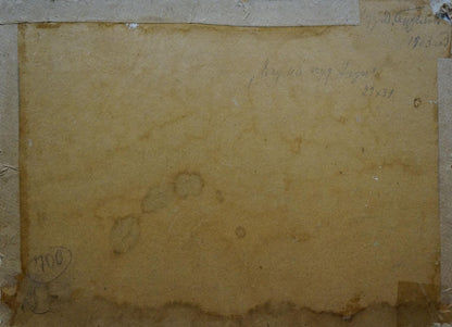 Aged yellowed paper with handwritten text on back of Sunny day oil painting by Bezugly Daniil Ivanovich