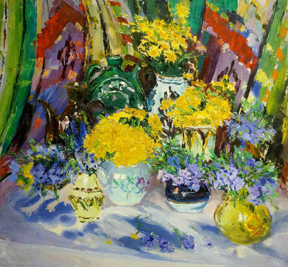 Oil painting of yellow purple flowers in patterned vases by Shapovalov Sergey Gavrilovich