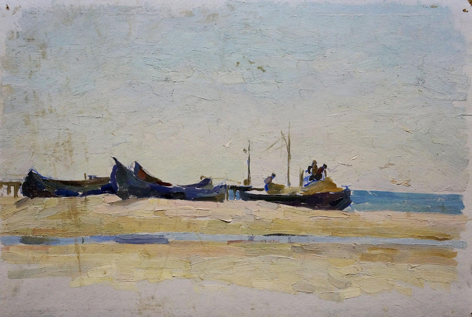 Oil painting On the Shore by Sulimenko Petr Stepanovich: blue boats on sandy shore