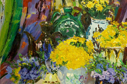 Oil painting of vibrant yellow purple flowers in patterned vase by Shapovalov Sergey Gavrilovich