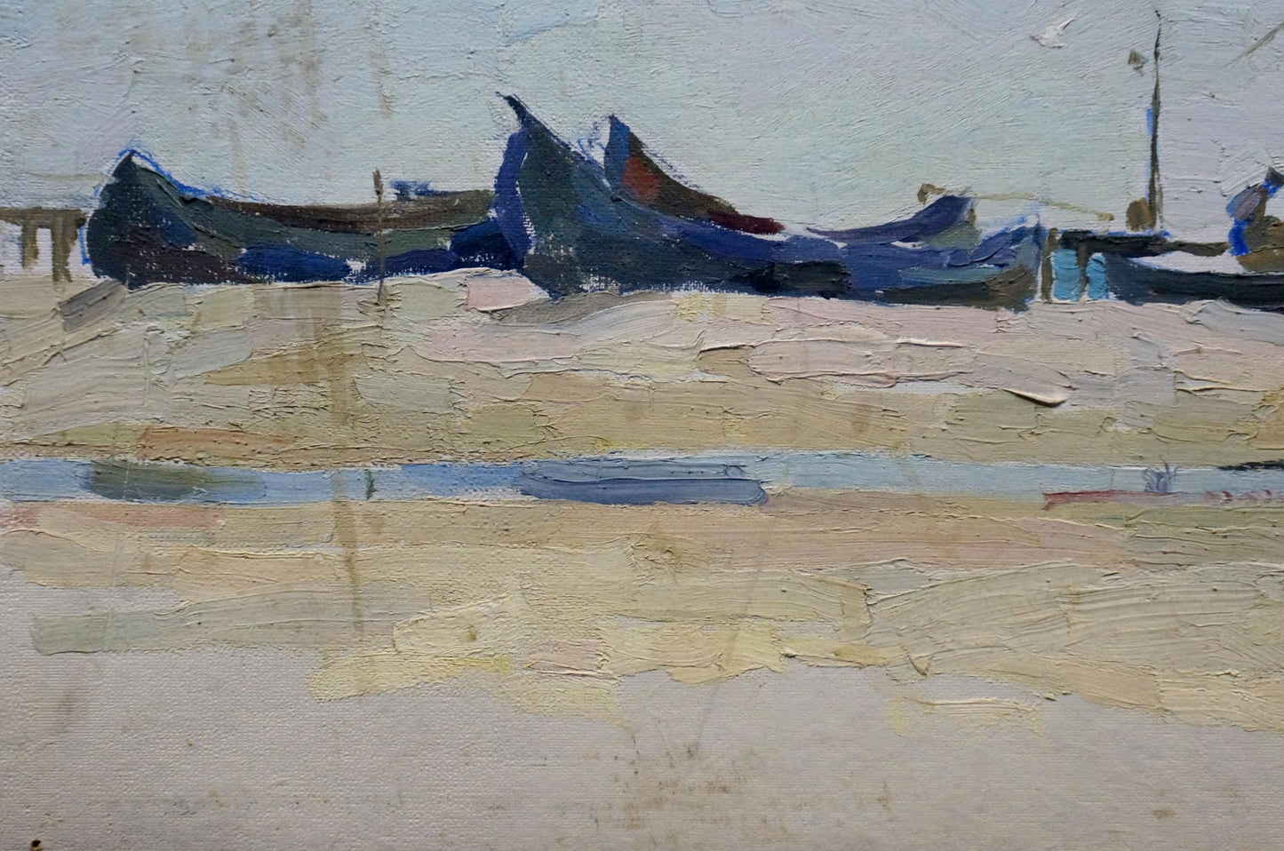 Oil painting by Sulimenko Petr Stepanovich: blue boats on sandy shore under overcast sky