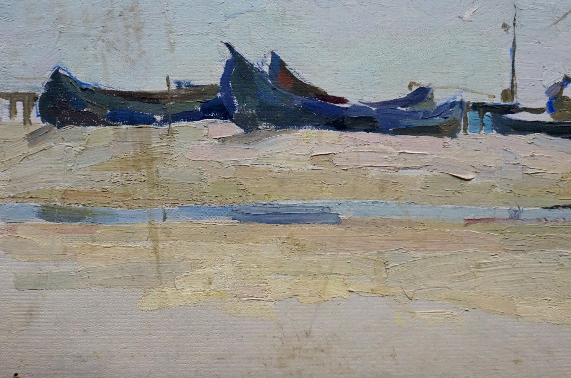 Oil painting by Sulimenko Petr Stepanovich: blue boats on sandy shore under overcast sky