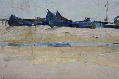 Oil painting by Sulimenko Petr Stepanovich: blue boats on sandy shore under overcast sky