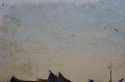 Oil painting On the Shore by Sulimenko Petr Stepanovich, pale sky with dark silhouettes