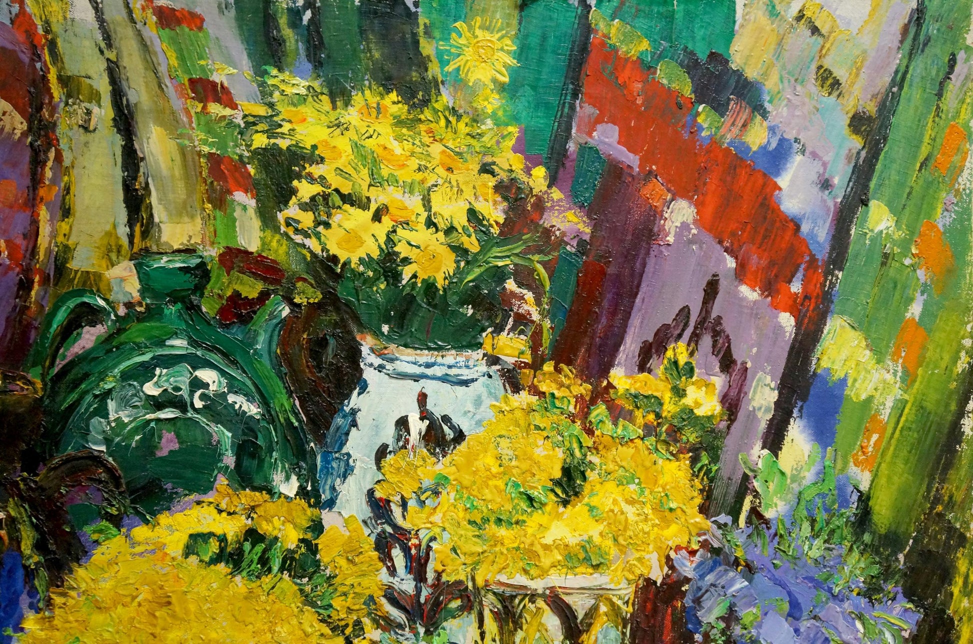Vibrant impressionistic oil painting of yellow flowers in vases by Shapovalov Sergey Gavrilovich