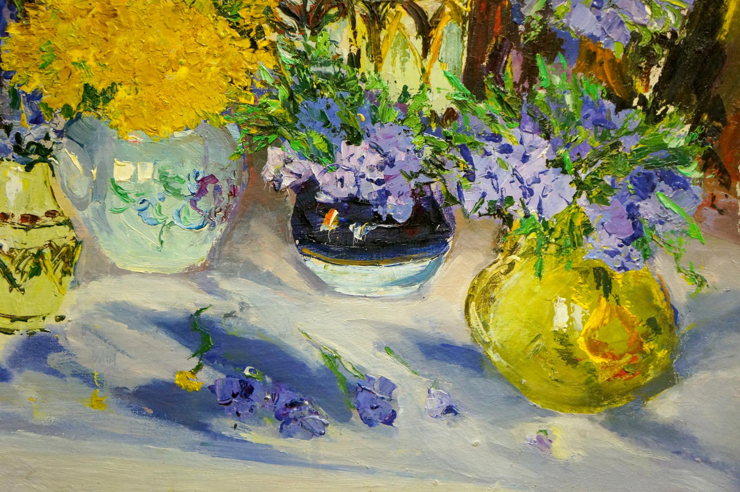 Oil painting of vibrant yellow ceramic vase with purple flowers by Shapovalov Sergey Gavrilovich