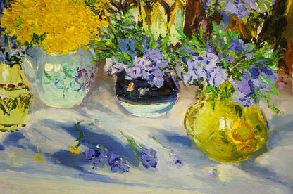 Oil painting of vibrant yellow ceramic vase with purple flowers by Shapovalov Sergey Gavrilovich