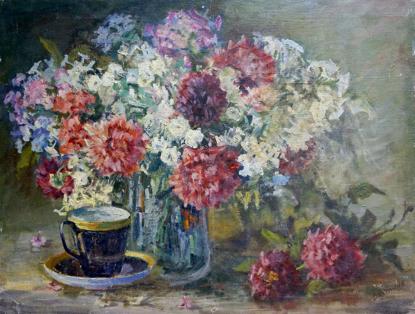 Oil painting by Victor Vladimirovich Bakhtin: pink, white, purple flowers in vase by blue teacup