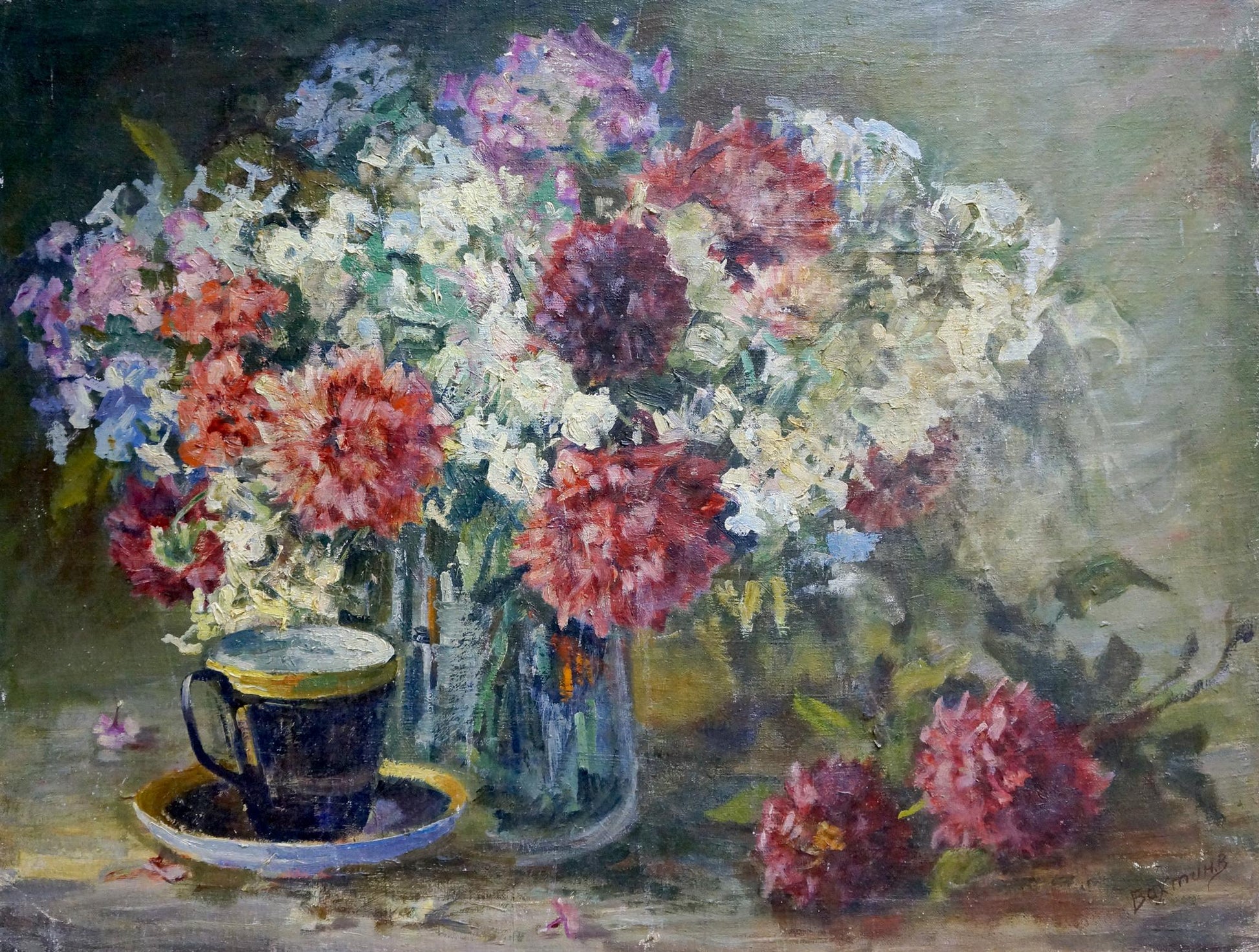 Oil painting by Victor Vladimirovich Bakhtin: pink, white, purple flowers in vase by blue teacup