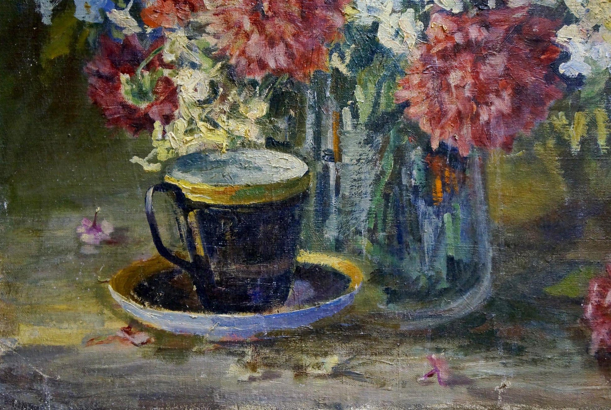 Dark blue ceramic teacup with gold rim on saucer in Bakhtin oil painting