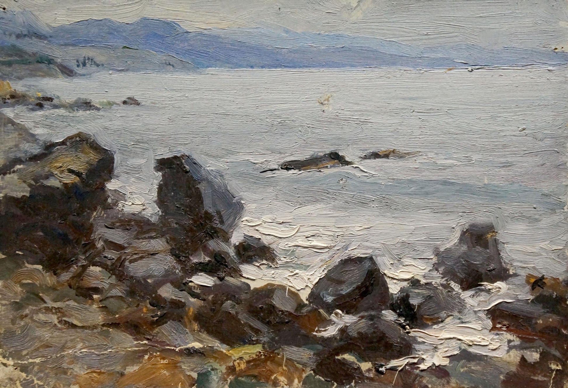 Oil painting seascape by Panteleev Ivan Andreevich: rugged rocks, blue mountains