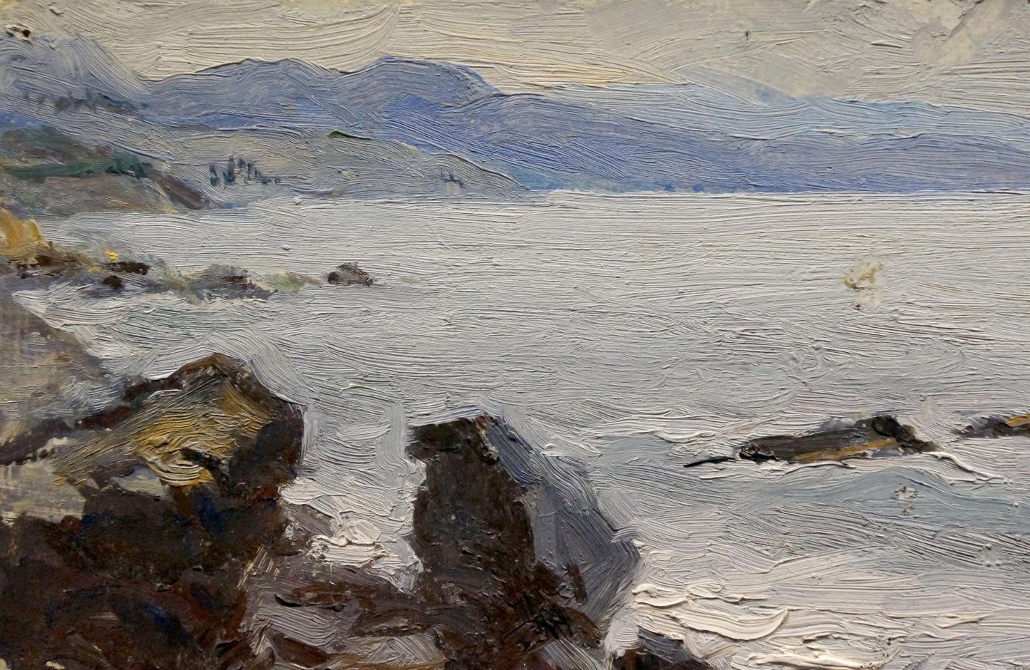 Oil painting seascape by Panteleev Ivan Andreevich: rugged rocks, blue mountains