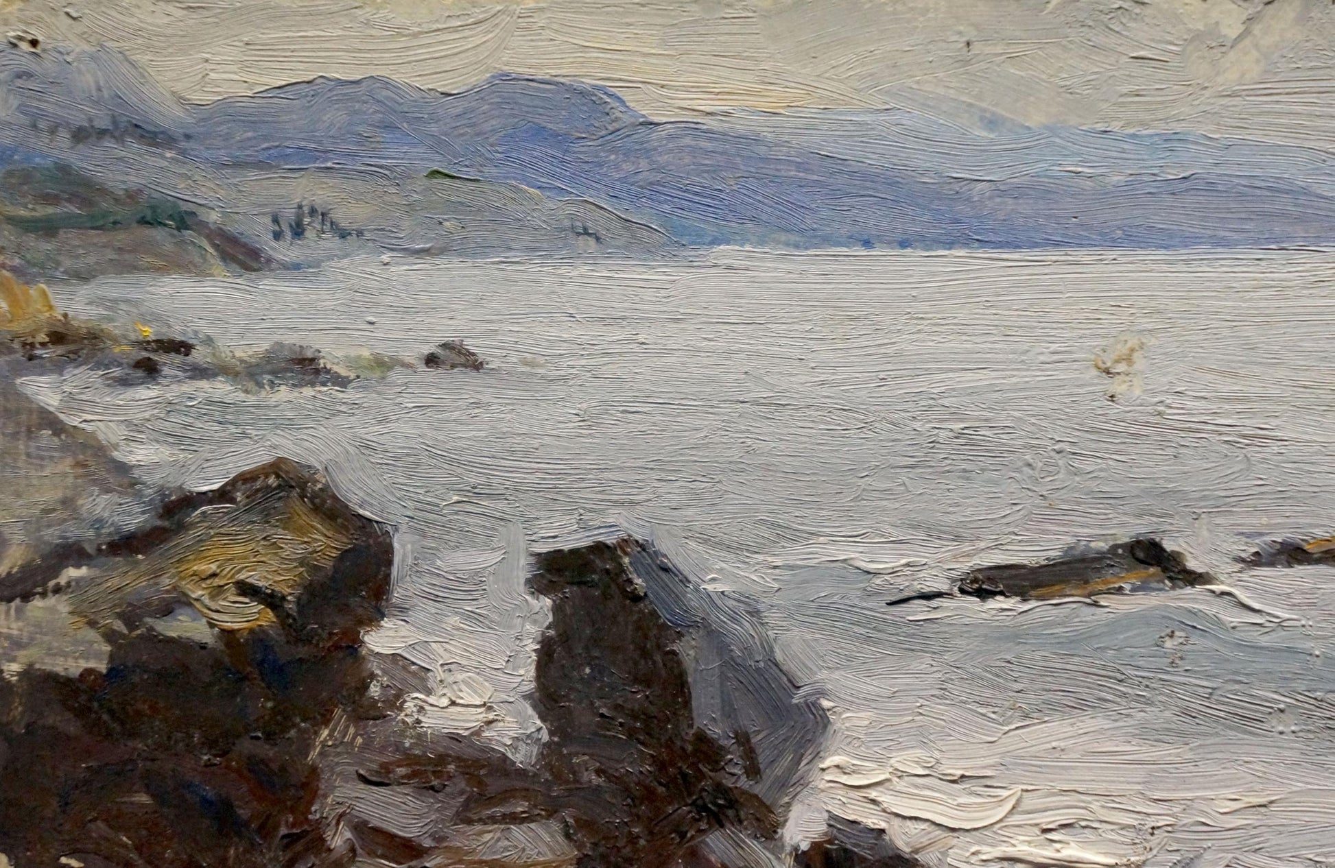 Oil painting seascape by Panteleev Ivan Andreevich: rugged rocks, blue mountains