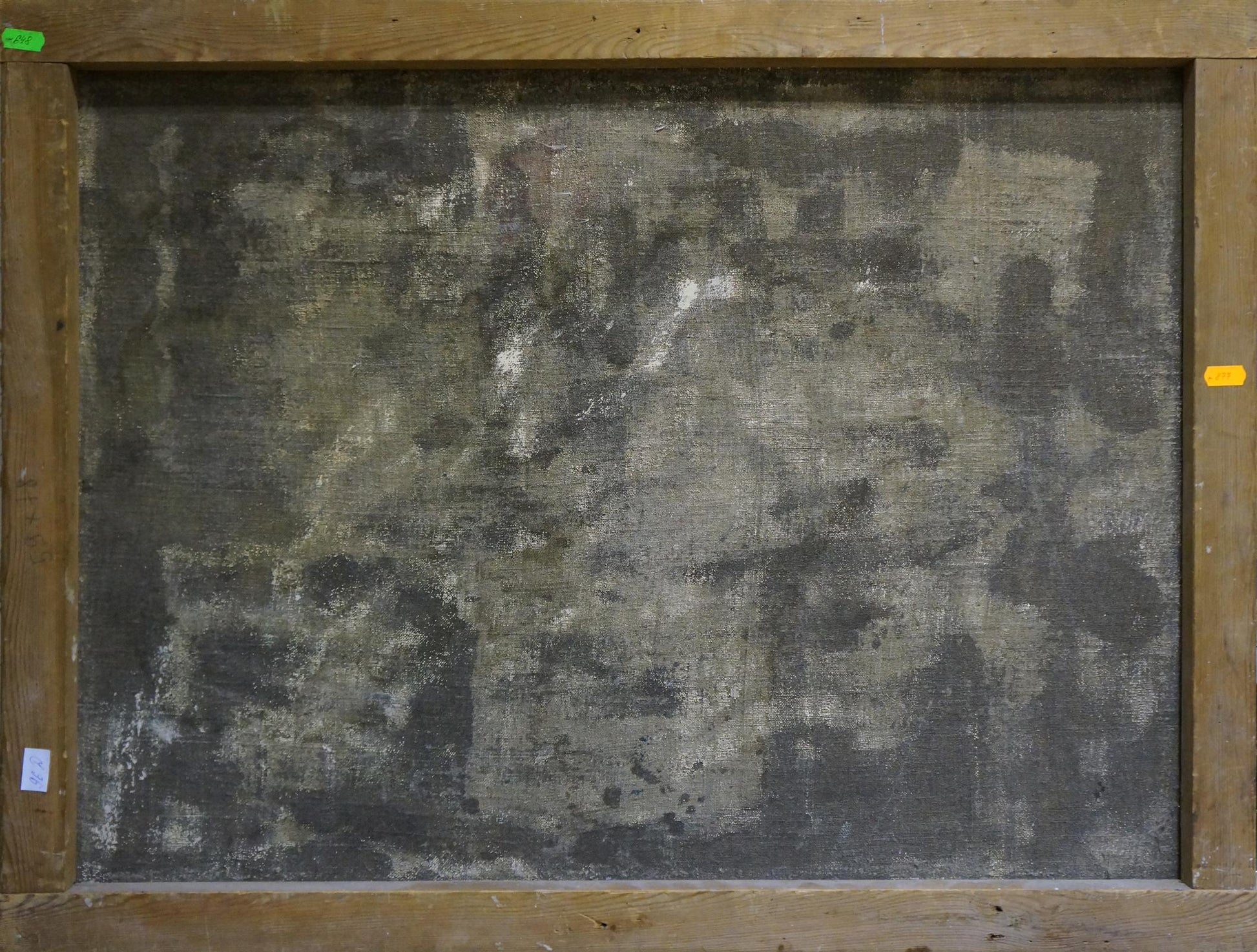 Back of framed Oil painting Breakfast by Victor Vladimirovich Bakhtin, weathered canvas