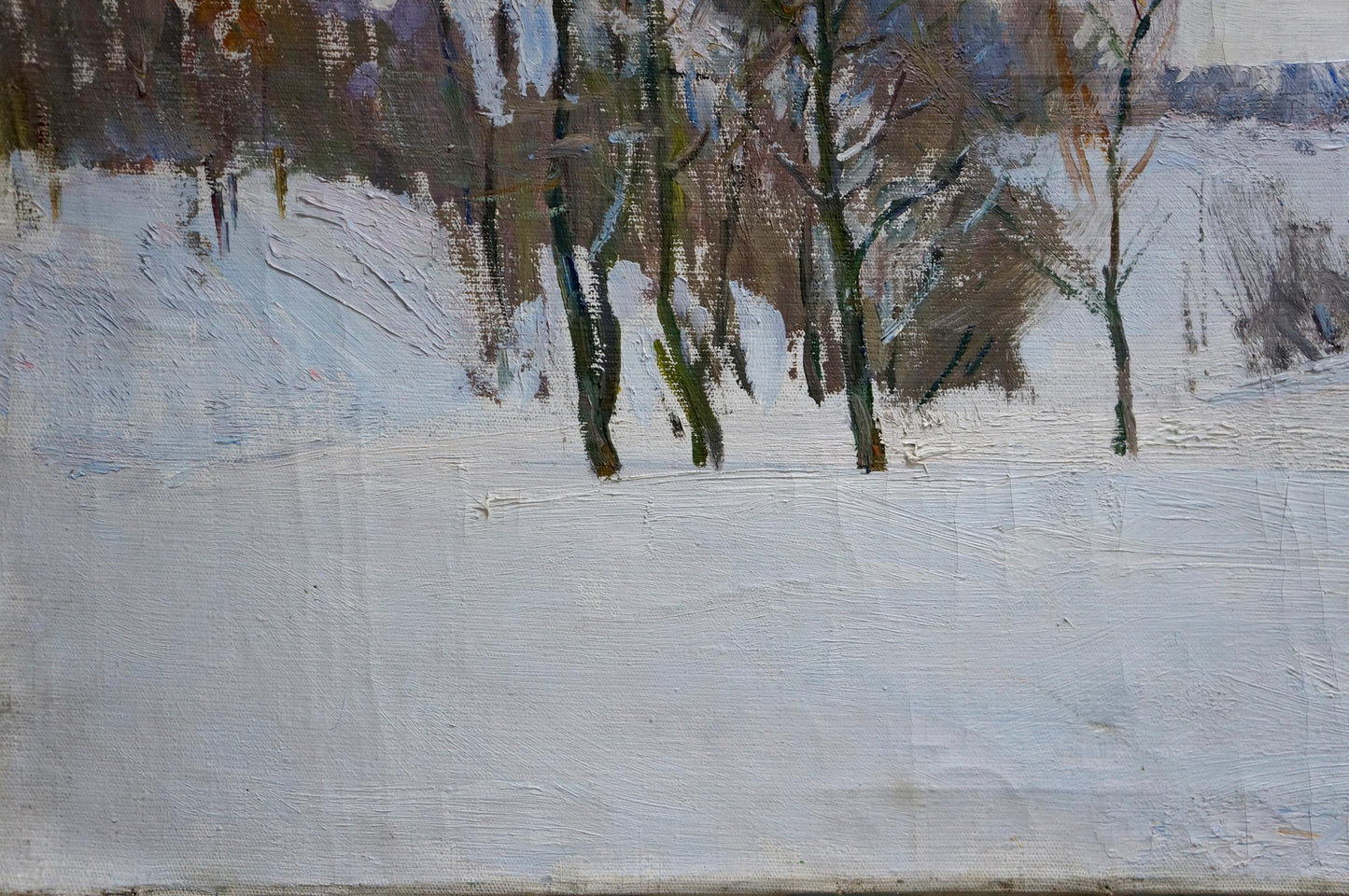 Oil painting by Matvey Kogan-Shats of snow-covered winter trees and fields