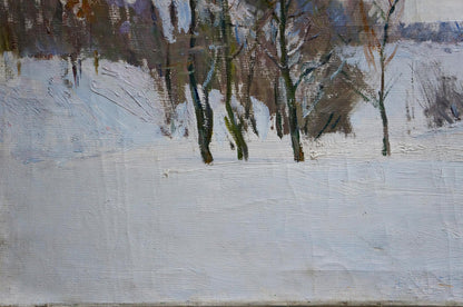 Oil painting by Matvey Kogan-Shats of snow-covered winter trees and fields