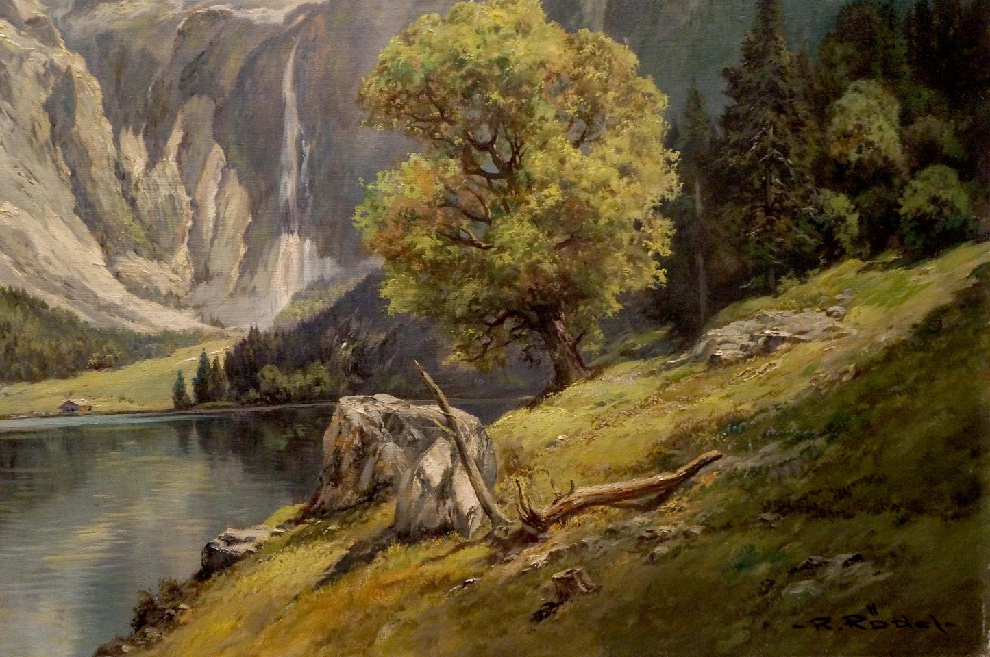 Oil painting Mountain beauty by Rudolf Rodel: majestic waterfall into lake