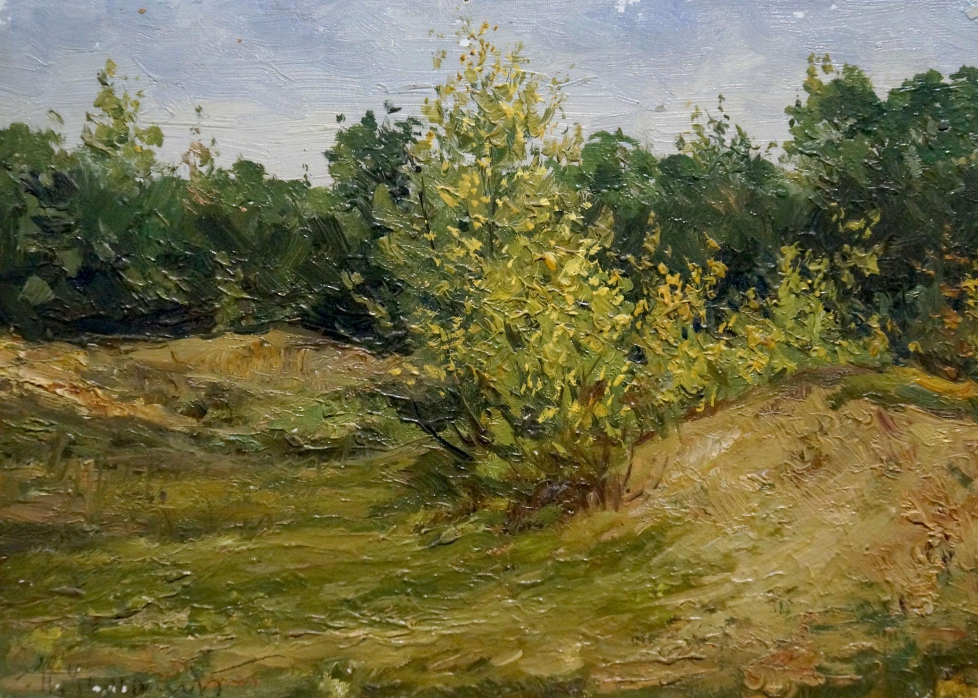 Oil painting On a wooded hill by Petr Chernyshevsky, vibrant yellow-green bush