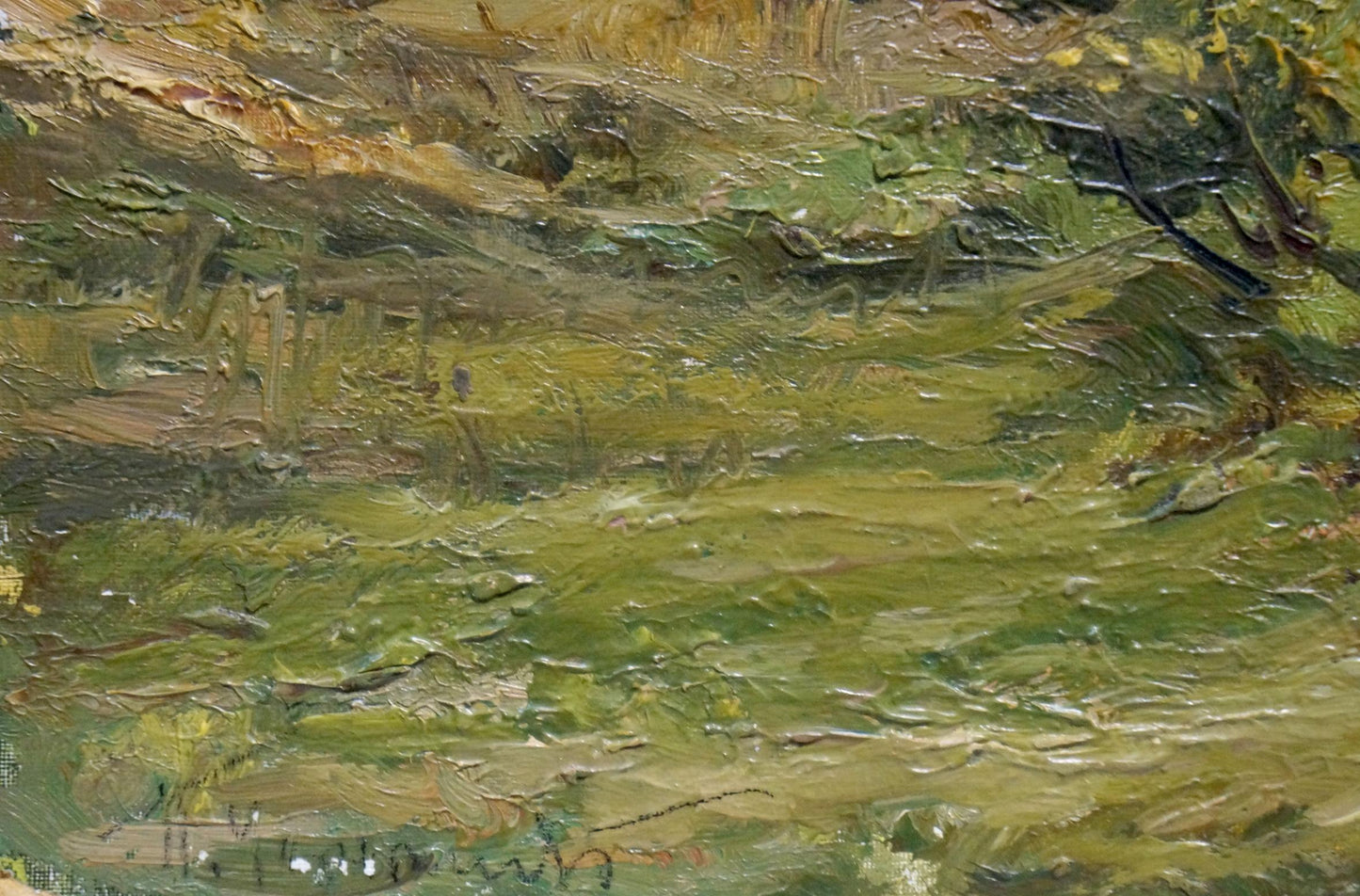 Oil painting by Petr Chernyshevsky: wooded hill with textured green, yellow, brown impasto