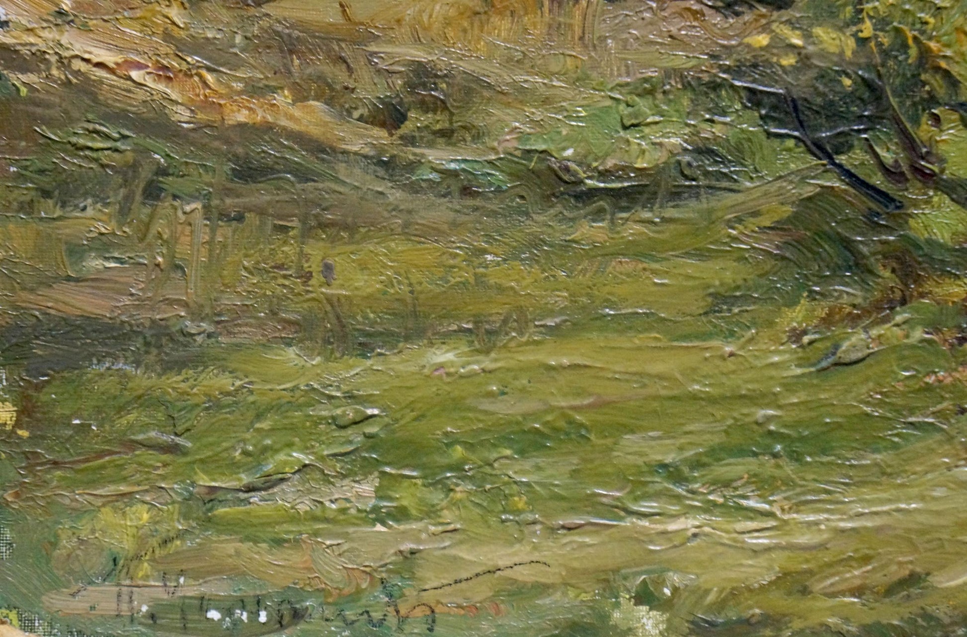 Oil painting by Petr Chernyshevsky: wooded hill with textured green, yellow, brown impasto