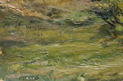Oil painting by Petr Chernyshevsky: wooded hill with textured green, yellow, brown impasto