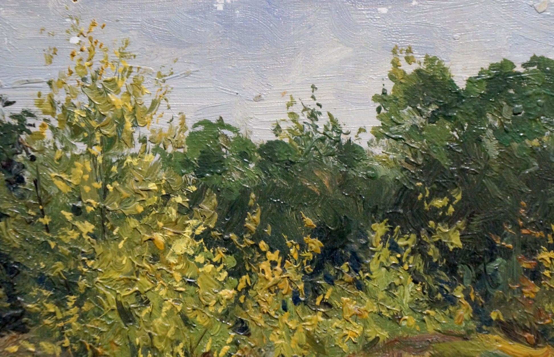 Oil painting by Petr Chernyshevsky: yellow flowers on wooded hill under cloudy sky
