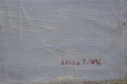 Back of textured gray canvas with red Koray E. signature, Matvey Kogan-Shats winter fields oil painting