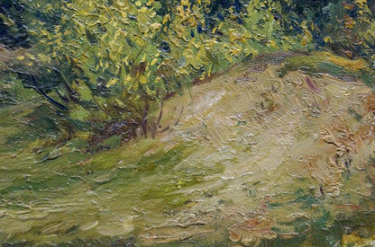 Oil painting On a wooded hill by Petr Chernyshevsky with lush green foliage
