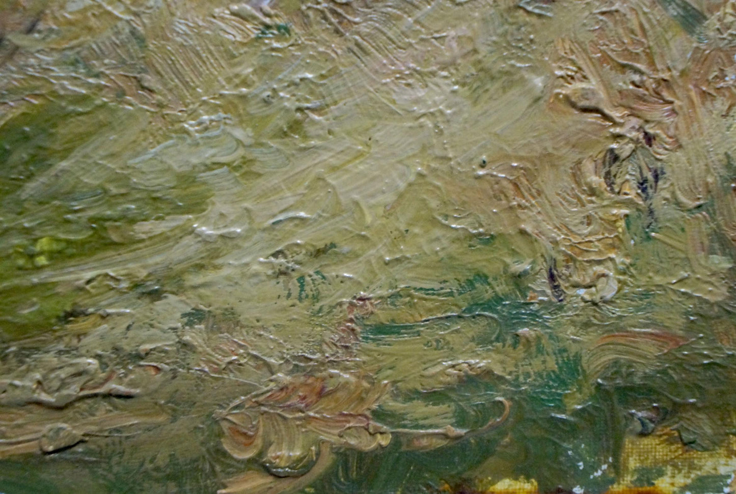 Oil painting of wooded hill by Petr Chernyshevsky with impasto greens and browns