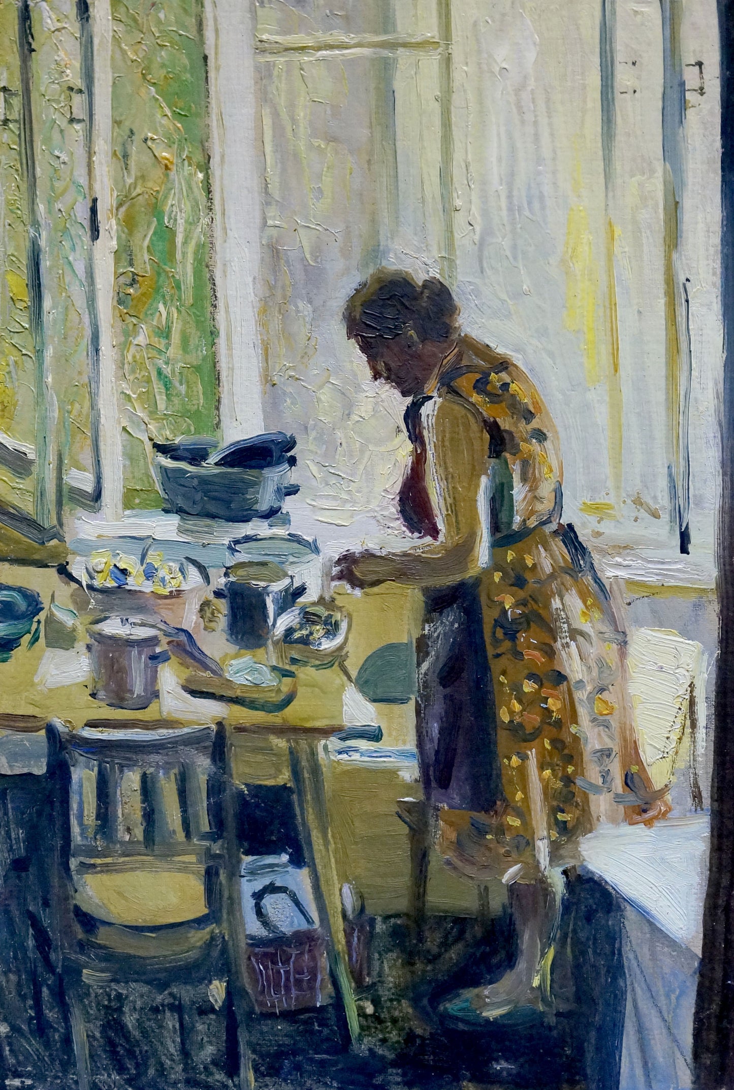 Back view oil painting of mom in kitchen by Bazylev Nikolay Ivanovich